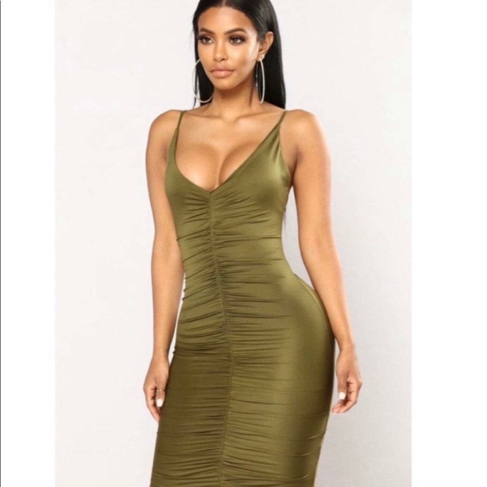 Fashion Nova Shenzhen Ruched Olive Green Dress Size Medium